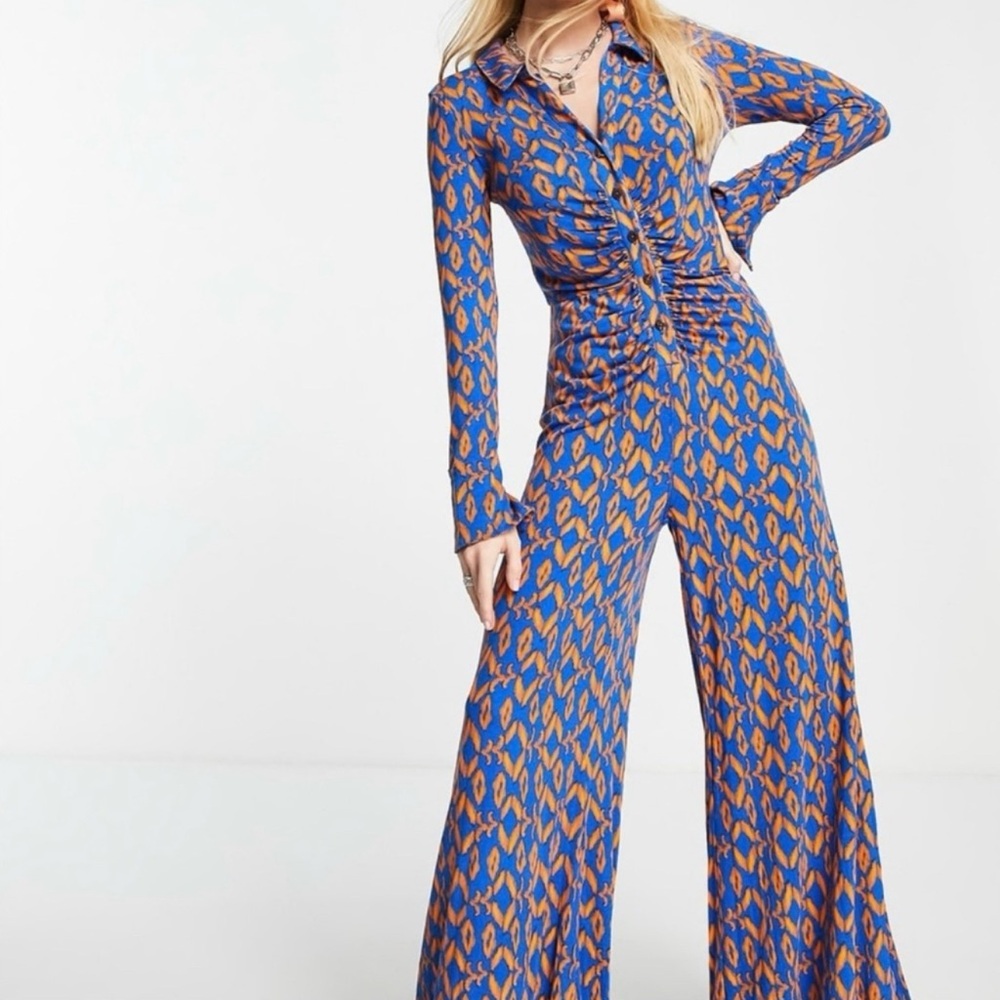 Free People Blue and Brown Geometric Shayla Jumpsuit